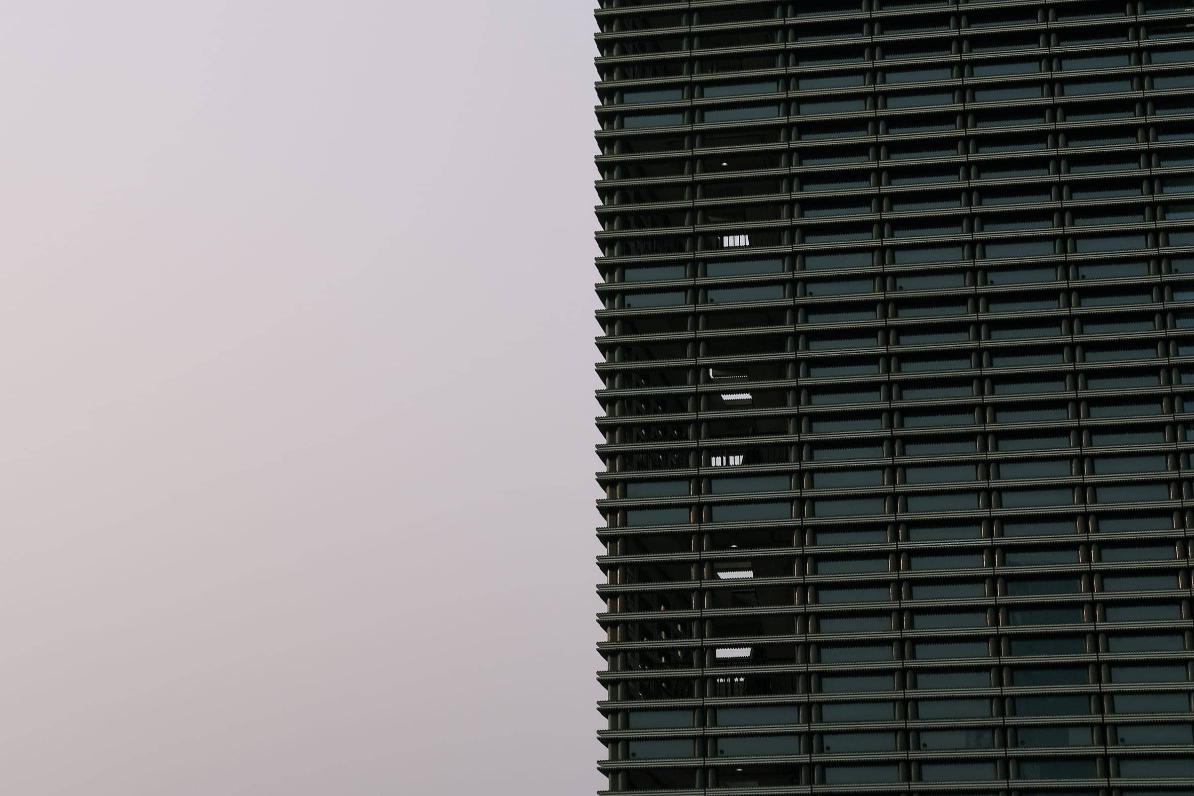 The dark grid of a high-rise filling the right of the frame against empty pale sky